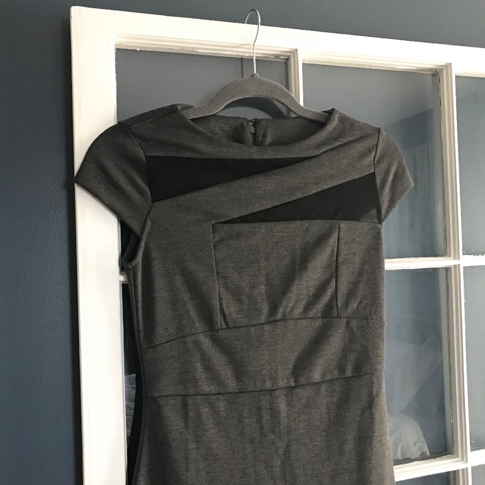Grey Midi Dress with Black Mesh Detailing